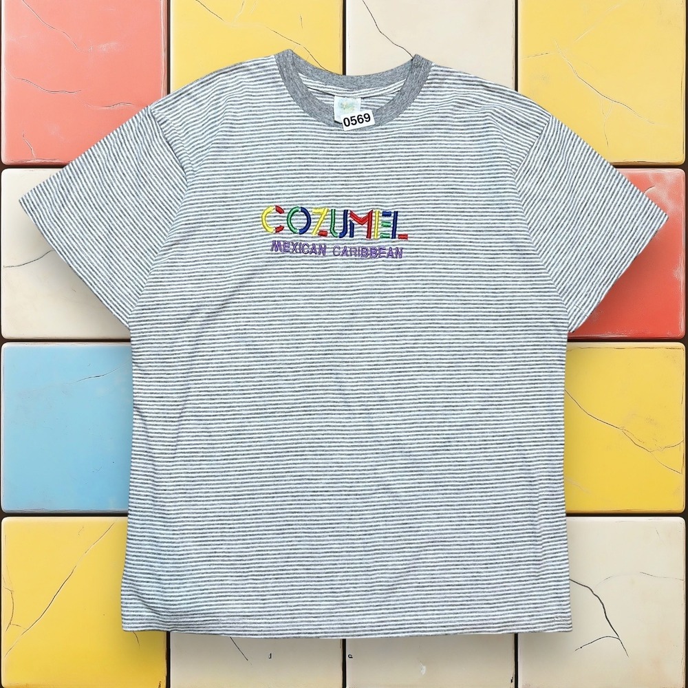 Vintage 90s Cozumel Mexico Embroidered‎ Striped Souvenir T-Shirt Men's Size L
